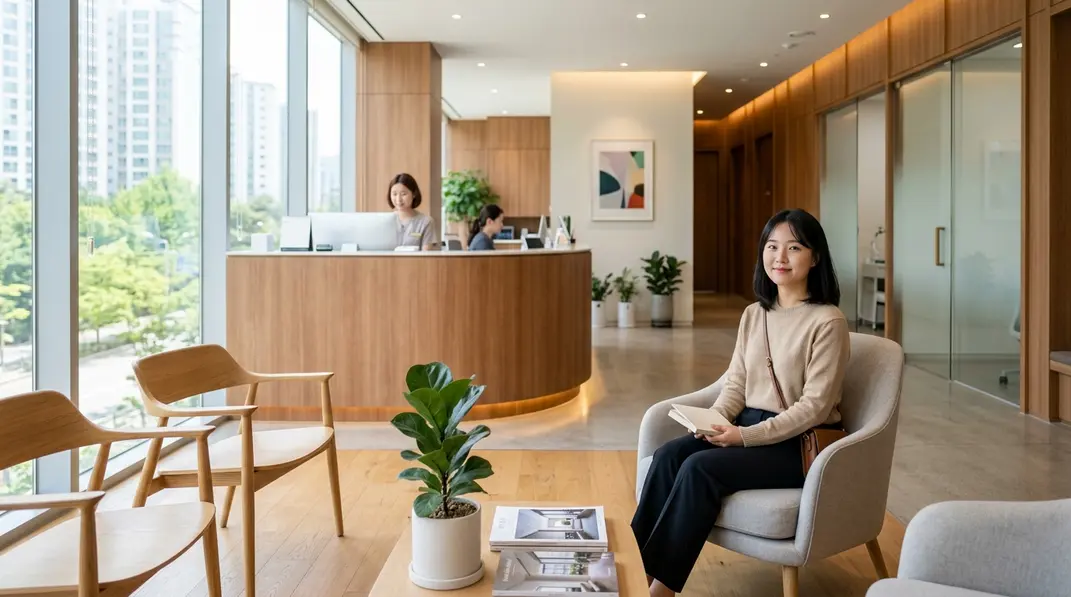 A beautiful, modern and welcoming medical clinic lobby in Seoul.
