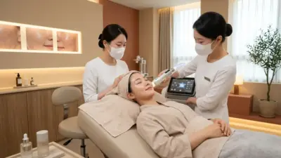 A luxurious dermatology clinic setting with soft terracotta tones and glowing aesthetic elements.