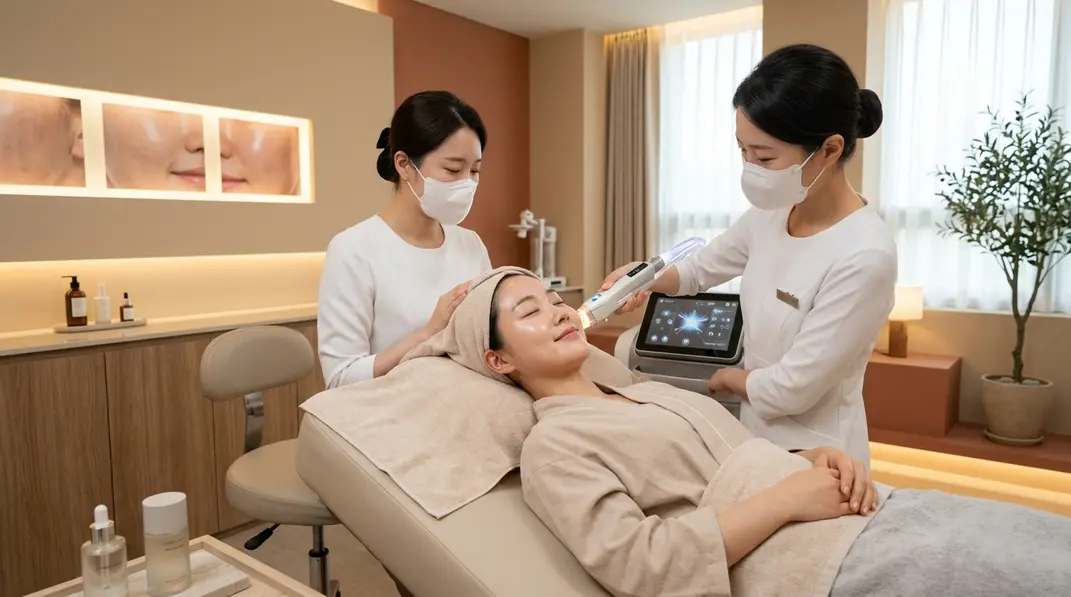 A luxurious dermatology clinic setting with soft terracotta tones and glowing aesthetic elements.