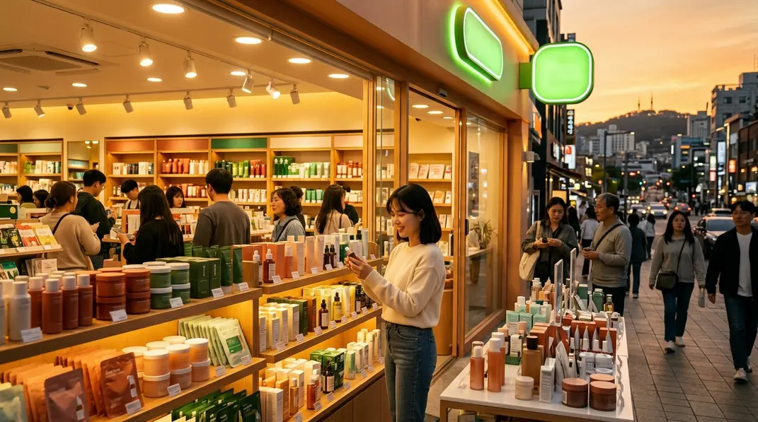 A beautiful exterior and interior glimpse of an Olive Young store in Seoul, full of skincare products and shoppers.