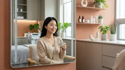 A photorealistic image of a glowing, confident woman looking in a mirror in a modern dermatology clinic.