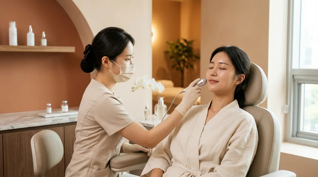 A medical wellness scene featuring a sterile vial representing placenta extract therapy surrounded by calm, warm terracotta aesthetic elements.