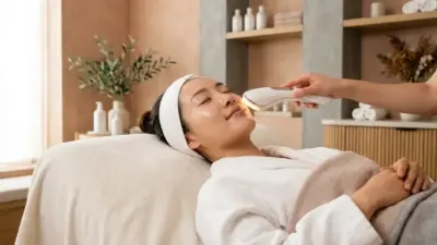 A serene woman receiving a non-invasive Plasonic facial treatment in a warm, relaxing spa environment.