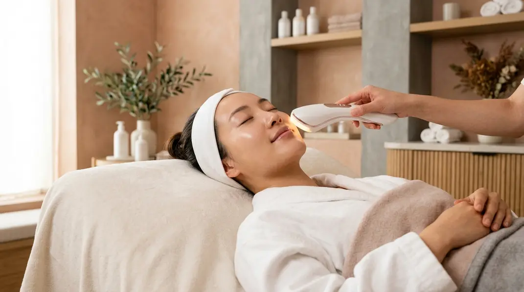 A serene woman receiving a non-invasive Plasonic facial treatment in a warm, relaxing spa environment.