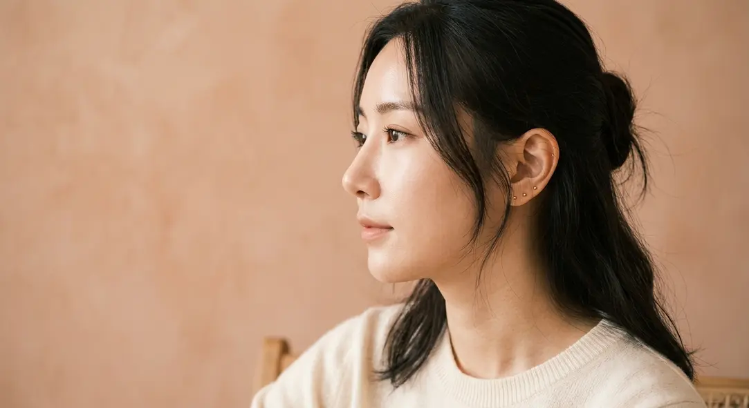 A close-up portrait of a female face in profile with a beautifully refined, natural-looking nose