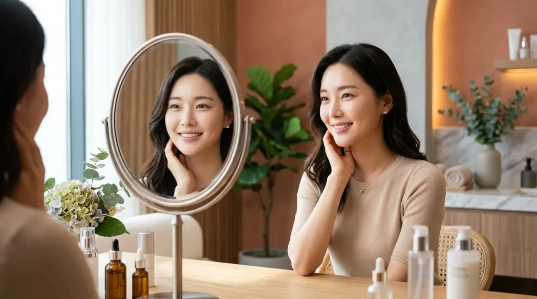 A beautiful woman looking refreshed and youthful in a well-lit medical spa setting.