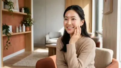 A beautifully lit portrait of a smiling woman with glowing, flawless skin touching her cheek in a modern clinic.