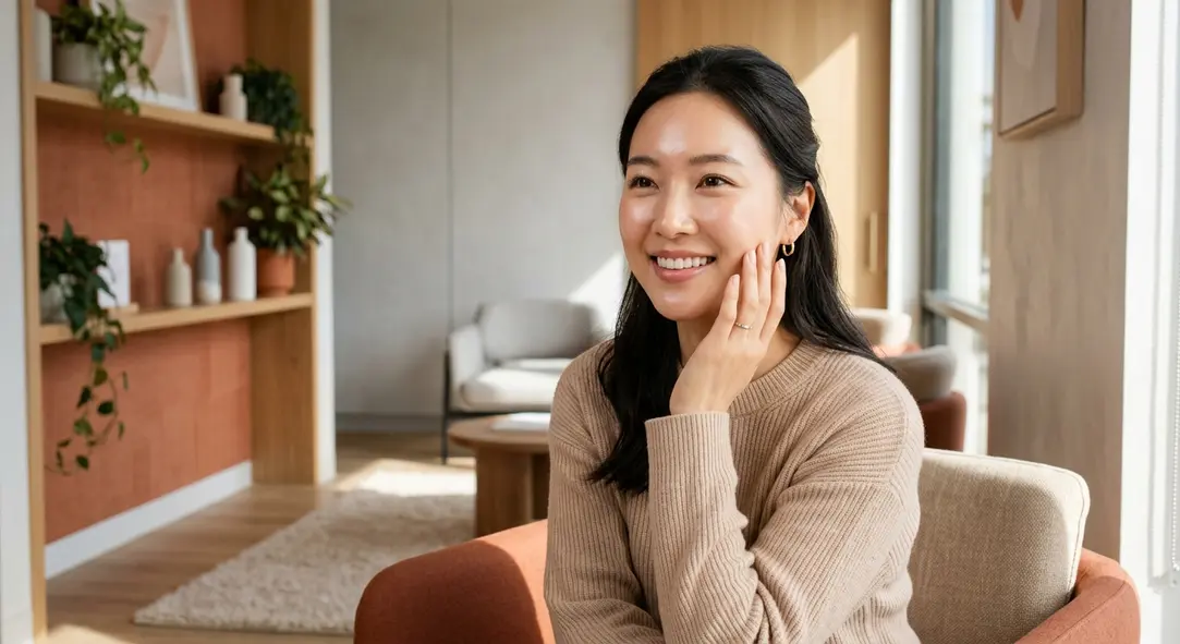 A beautifully lit portrait of a smiling woman with glowing, flawless skin touching her cheek in a modern clinic.