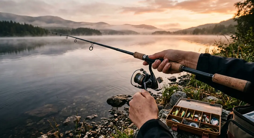 First-person view of a fishing rod and tackle box by a calm lake at sunset.
