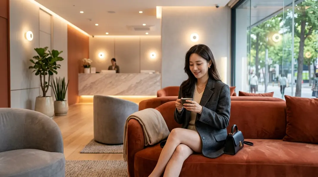 The luxurious and modern interior of a high-end aesthetic clinic in Sinsa-dong, Seoul.