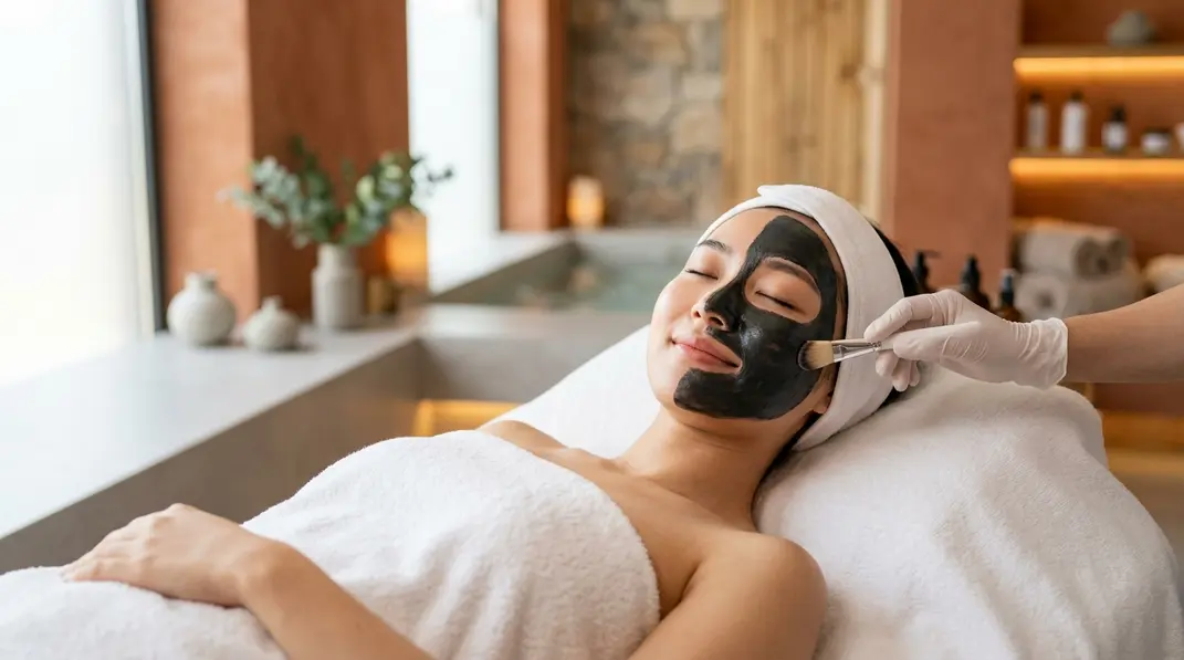 A serene woman receiving a facial treatment in a warm spa environment.