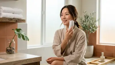 A woman with perfect glowing skin holding a high-frequency skincare device.