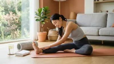 A person gently stretching in a brightly lit room with a foam roller and a glass of water nearby, symbolizing comprehensive body muscle care.
