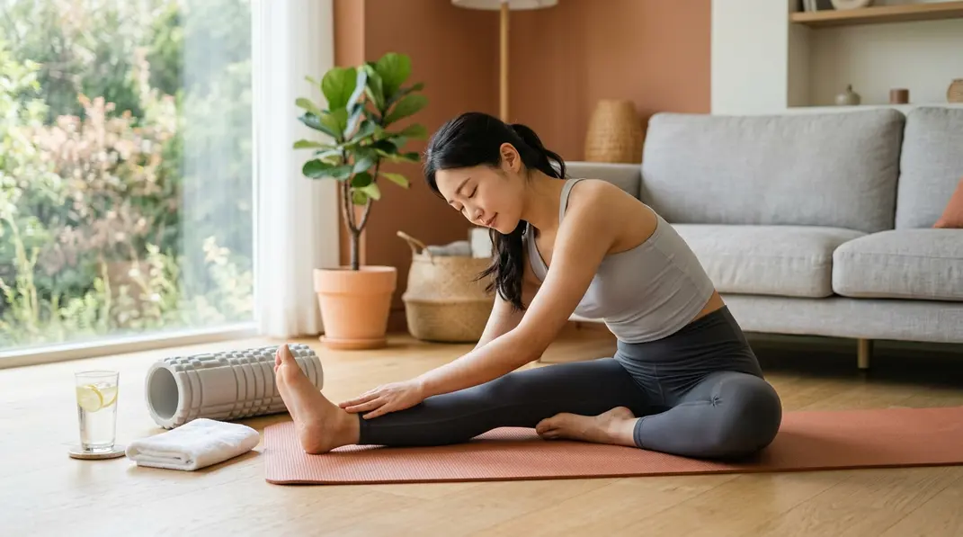A person gently stretching in a brightly lit room with a foam roller and a glass of water nearby, symbolizing comprehensive body muscle care.