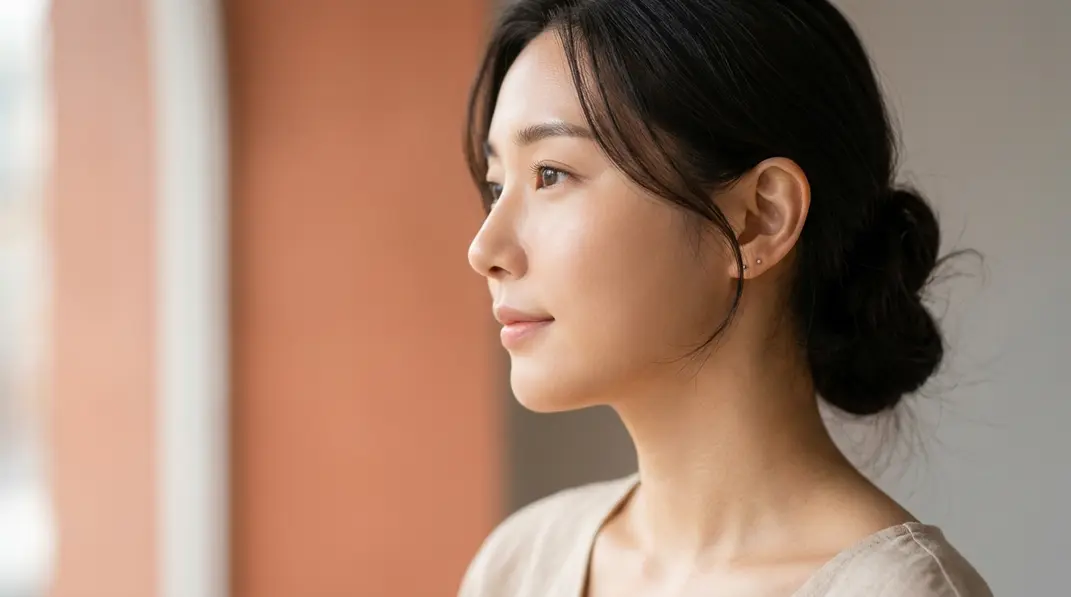 A close-up profile of a woman with flawless, smooth skin surrounded by a warm, soft terracotta and light gray aesthetic.