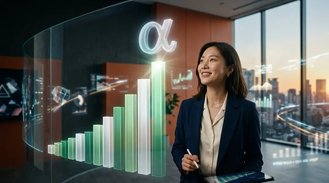 A stylized glowing Greek letter Alpha symbolizing excess investment returns rising above a stock market graph.