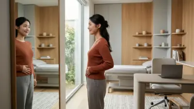 A healthy, confident woman touching her waist in a modern, serene consultation room.