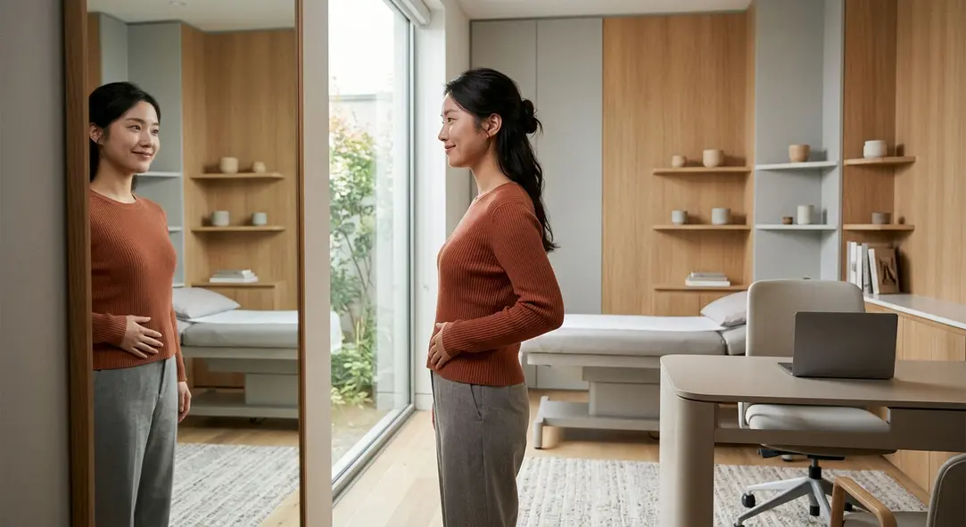 A healthy, confident woman touching her waist in a modern, serene consultation room.