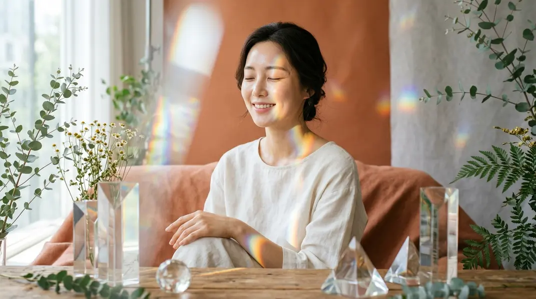 Conceptual beauty image representing skin brightening with light prisms and warm terracotta tones.