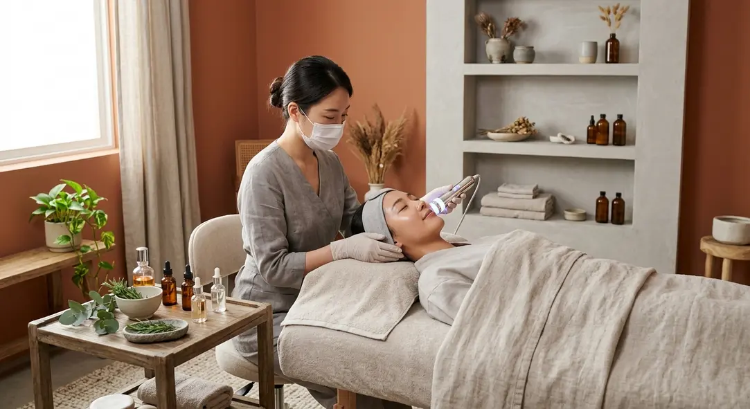 A serene and luxurious spa environment highlighting a high-tech facial machine for Ionzyme treatments.