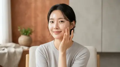 A beautiful Korean woman with glowing glass skin applying skincare products in a warm-lit environment.