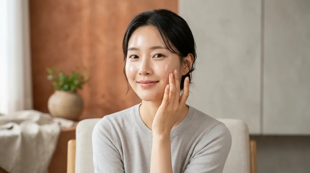 A beautiful Korean woman with glowing glass skin applying skincare products in a warm-lit environment.