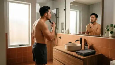A well-groomed man holding a sleek body trimmer in a modern bathroom.
