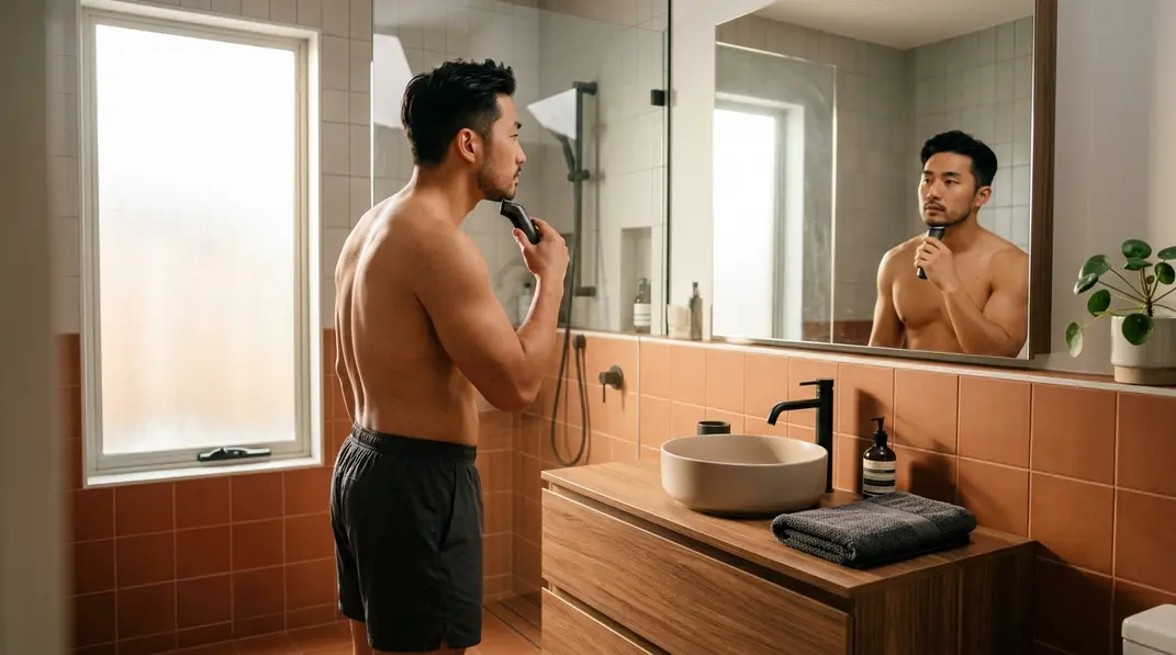 A well-groomed man holding a sleek body trimmer in a modern bathroom.