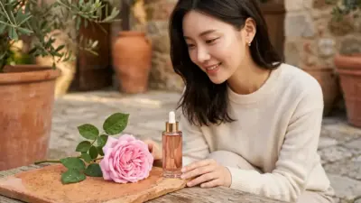 A beautiful pink rose next to a glass skincare bottle on a terracotta background.