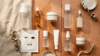 A top-down view of a complete 10-step Korean skincare product collection arranged beautifully.