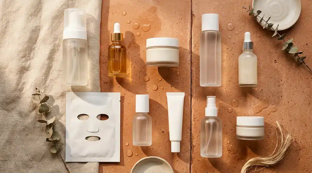 A top-down view of a complete 10-step Korean skincare product collection arranged beautifully.
