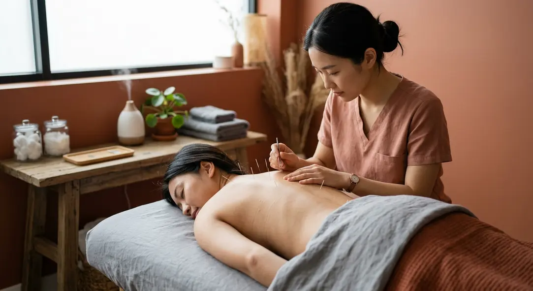 A calming scene of a patient receiving an acupuncture treatment in a modern, well-lit clinic