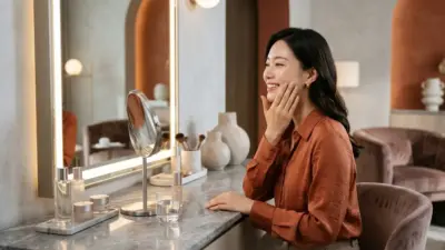 A serene woman with beautiful facial contours in a premium beauty clinic setting