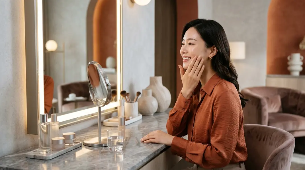 A serene woman with beautiful facial contours in a premium beauty clinic setting