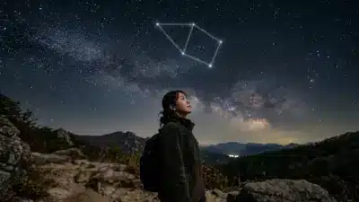 A glowing outline of the Cepheus constellation shaped like a house against a deep starry night sky.