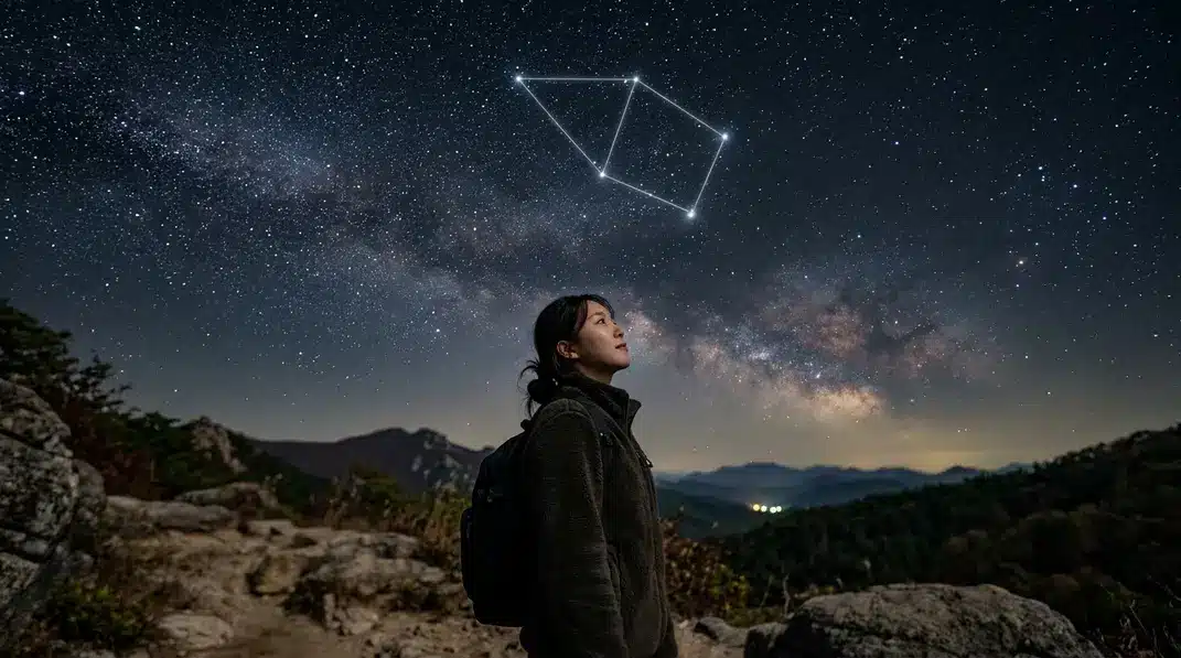 A glowing outline of the Cepheus constellation shaped like a house against a deep starry night sky.
