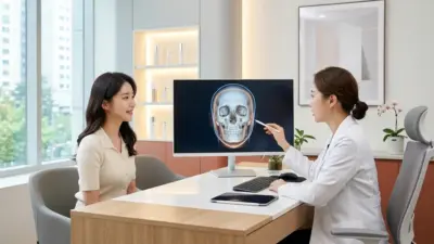 A sleek, modern plastic surgery clinic consultation room in Seoul featuring a 3D facial scan.