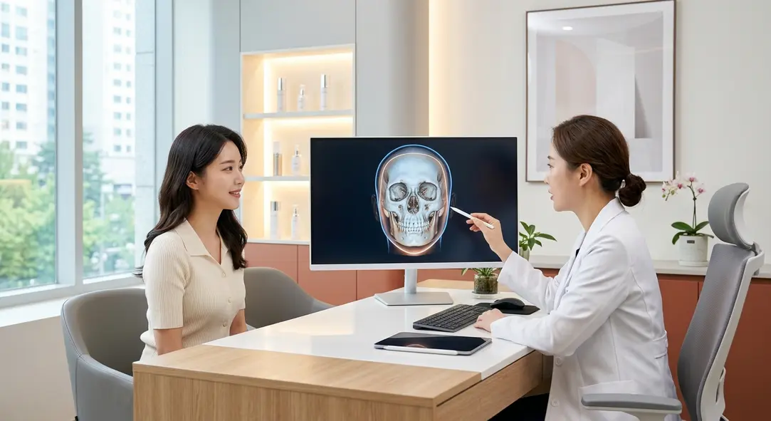 A sleek, modern plastic surgery clinic consultation room in Seoul featuring a 3D facial scan.