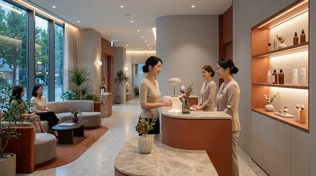 A luxurious, modern dermatology clinic reception area in Cheongdam, Seoul.