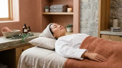A calm woman with glowing skin relaxing in a serene wellness spa with terracotta tones.