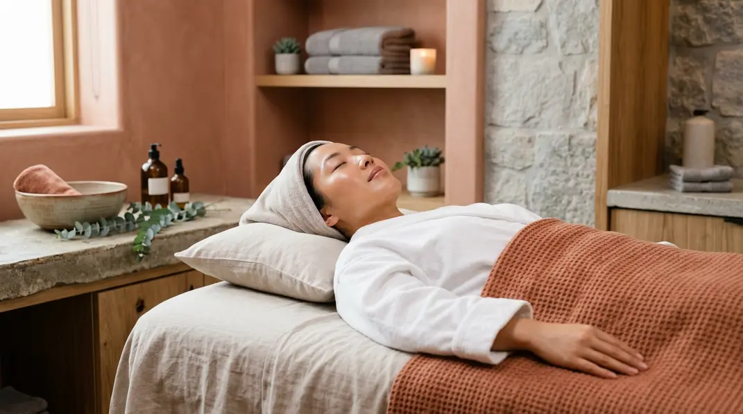 A calm woman with glowing skin relaxing in a serene wellness spa with terracotta tones.