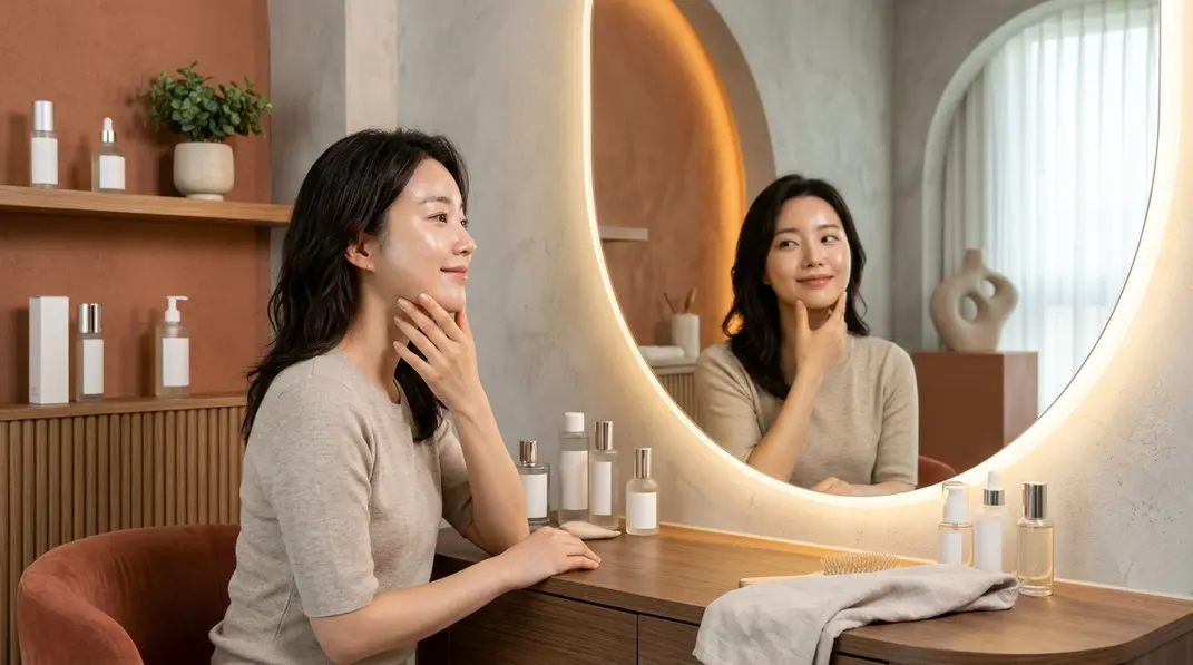 A beautiful, glowing woman looking into a modern mirror, touching her firm jawline, representing the rejuvenating effects of a cog thread lift.