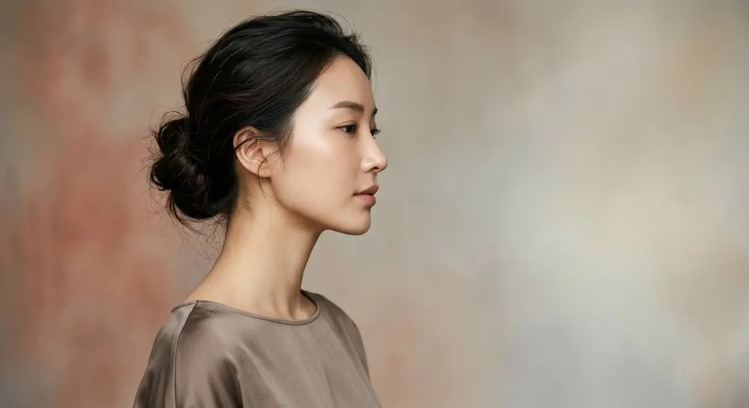 A beautiful woman presenting a contoured jawline alongside medical cosmetic tools
