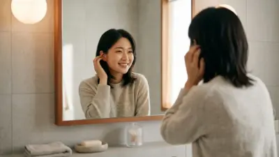 A smiling, confident person touching their hair while looking in a mirror.