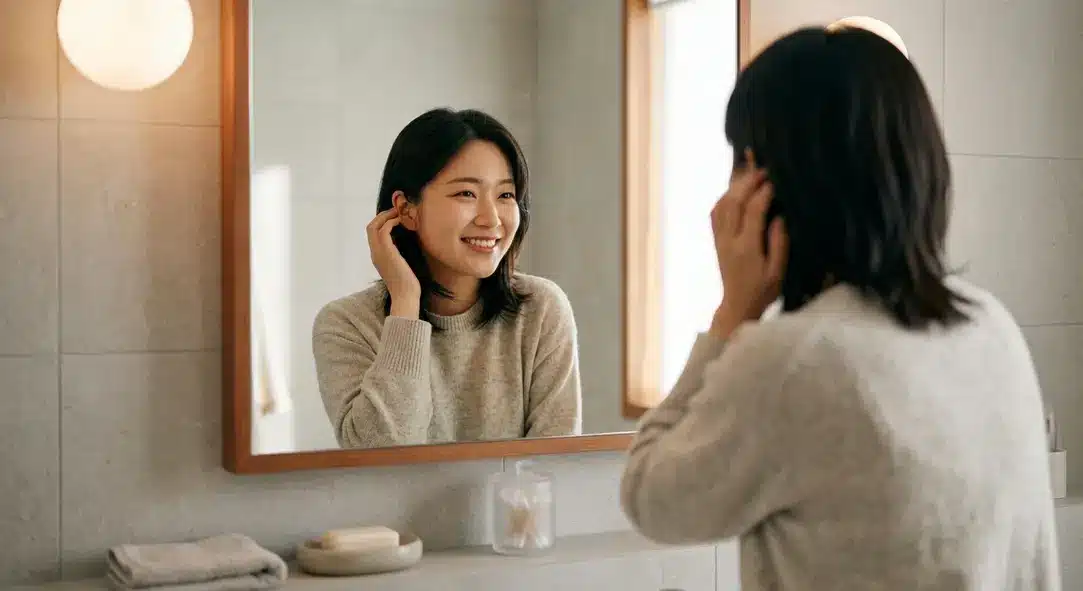 A smiling, confident person touching their hair while looking in a mirror.