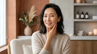A confident woman in her 40s touching her defined jawline in a luxurious spa setting.