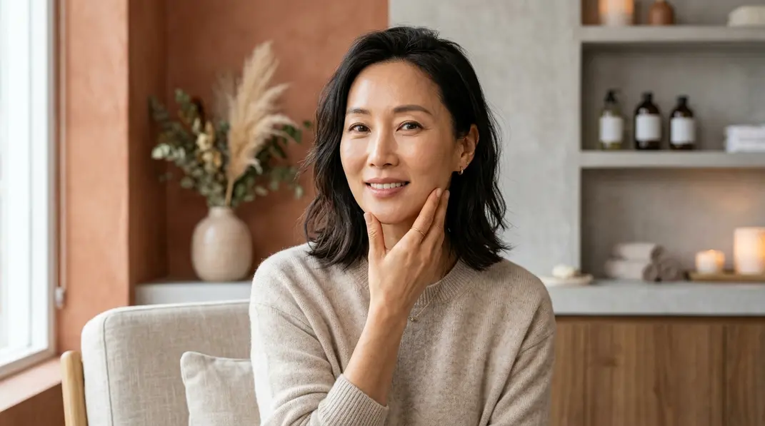 A confident woman in her 40s touching her defined jawline in a luxurious spa setting.