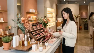 A luxurious Korean beauty storefront display with terracotta and gray accents, featuring Etude House products.