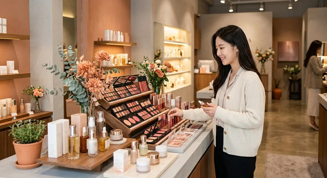 A luxurious Korean beauty storefront display with terracotta and gray accents, featuring Etude House products.