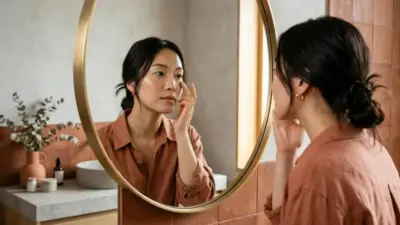 A photorealistic image of a beautiful woman gently touching her under-eye area in front of a mirror.
